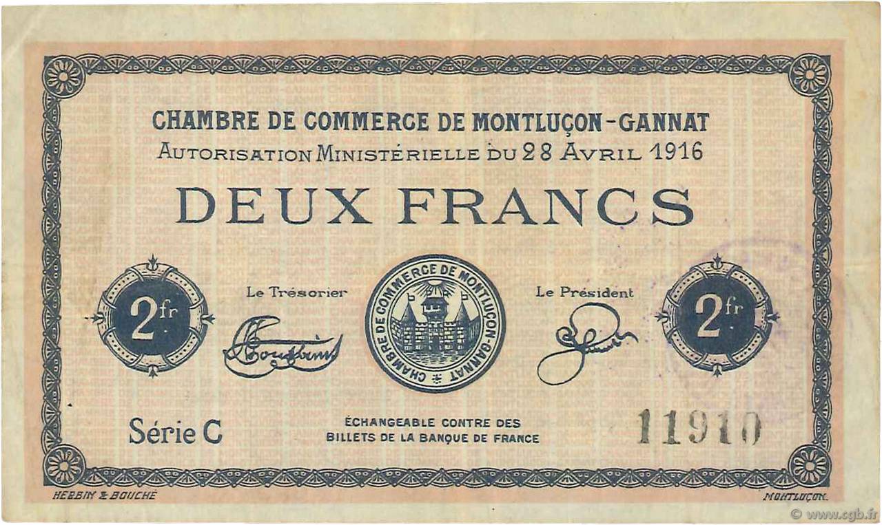 2 Francs FRANCE Regionalismus und verschiedenen Montluçon, Gannat 1916 JP.084.26 S