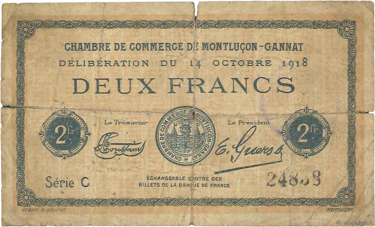 2 Francs FRANCE régionalisme et divers Montluçon, Gannat 1918 JP.084.44 AB