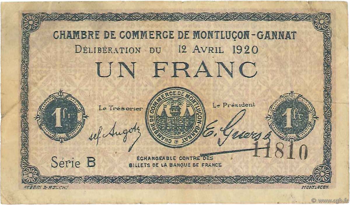1 Franc FRANCE régionalisme et divers Montluçon, Gannat 1920 JP.084.52 pr.TB