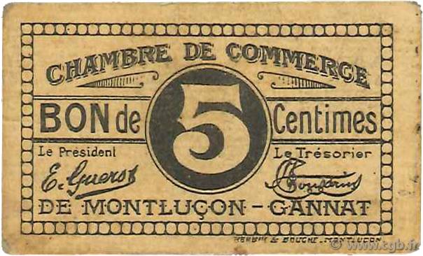 5 Centimes FRANCE regionalism and various Montluçon, Gannat 1918 JP.084.72 VF