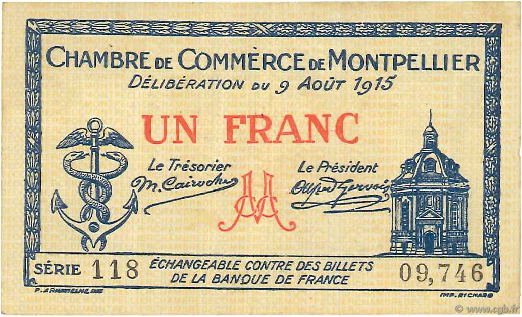 1 Franc FRANCE régionalisme et divers Montpellier 1915 JP.085.10 TB