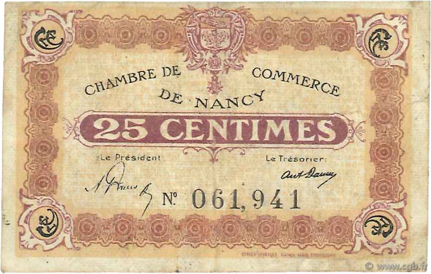 25 Centimes FRANCE regionalism and miscellaneous Nancy 1918 JP.087.58 F