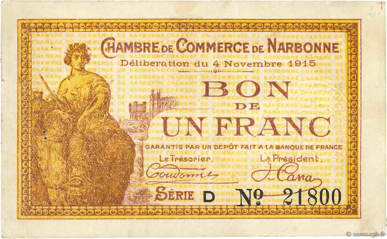 1 Franc FRANCE regionalism and miscellaneous Narbonne 1915 JP.089.06 VF