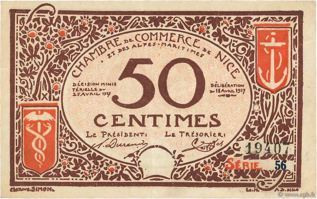 50 Centimes FRANCE Regionalismus und verschiedenen Nice 1917 JP.091.06 SS
