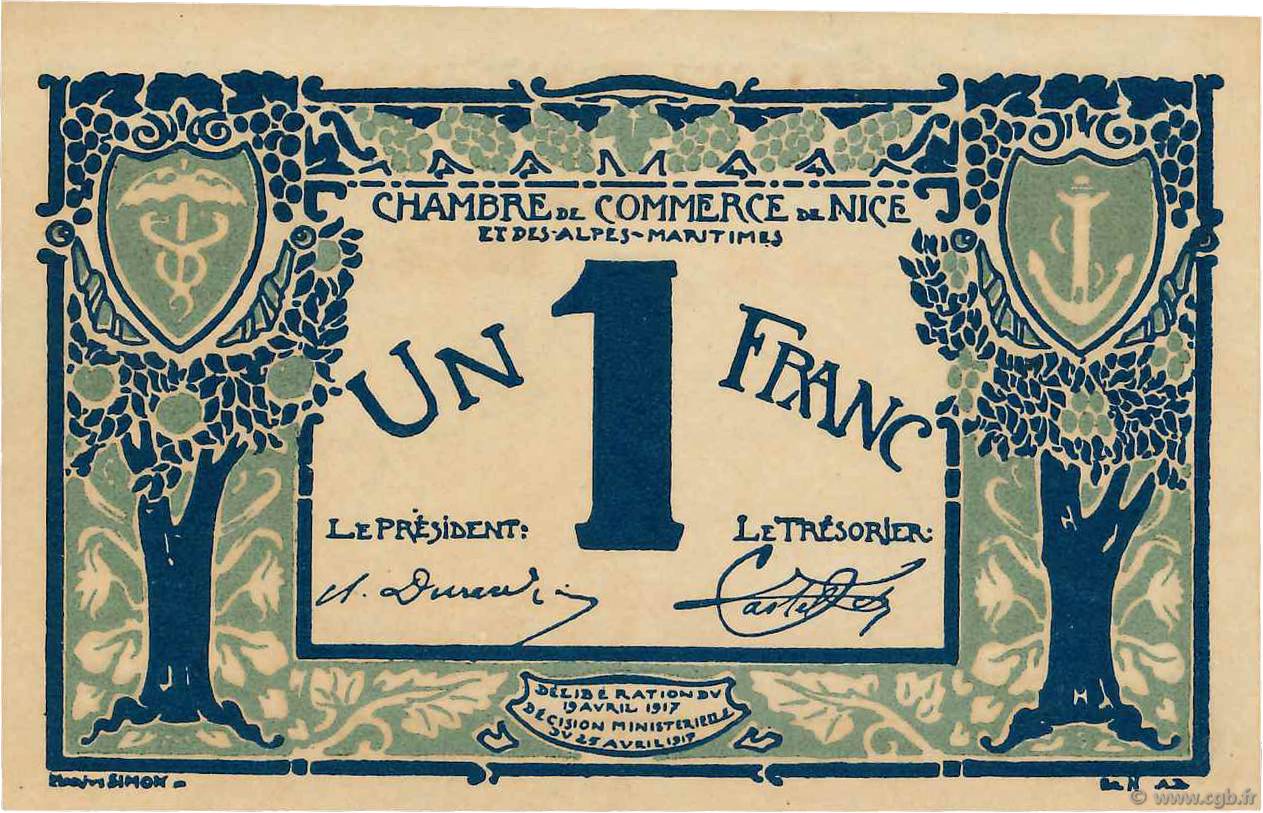 1 Franc FRANCE regionalism and miscellaneous Nice 1917 JP.091.07 VF+