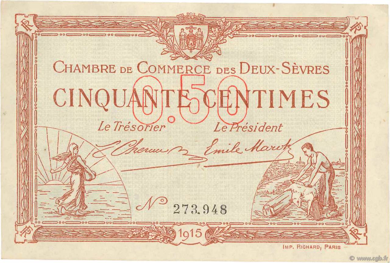 50 Centimes FRANCE regionalism and miscellaneous Niort 1915 JP.093.01 VF+