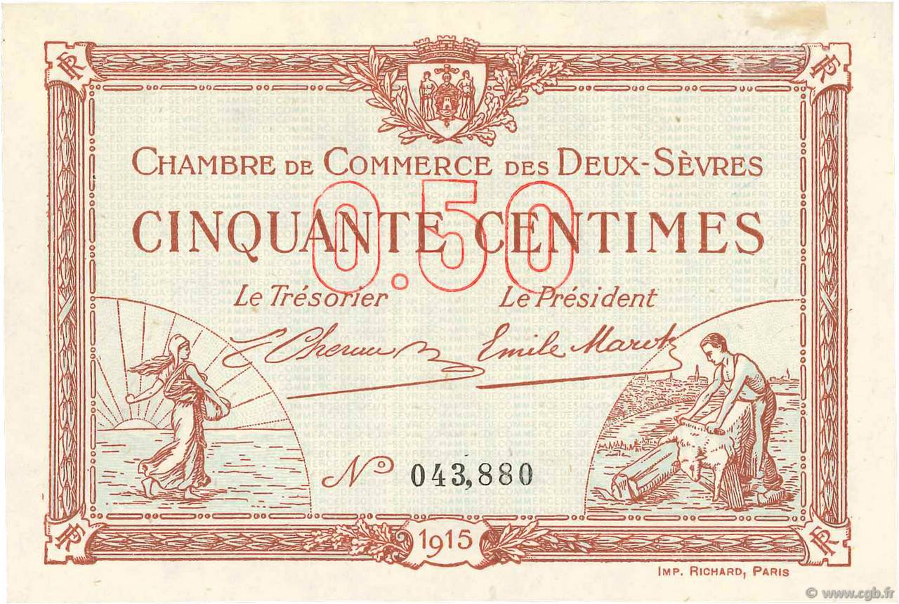 50 Centimes FRANCE Regionalismus und verschiedenen Niort 1915 JP.093.01 fST