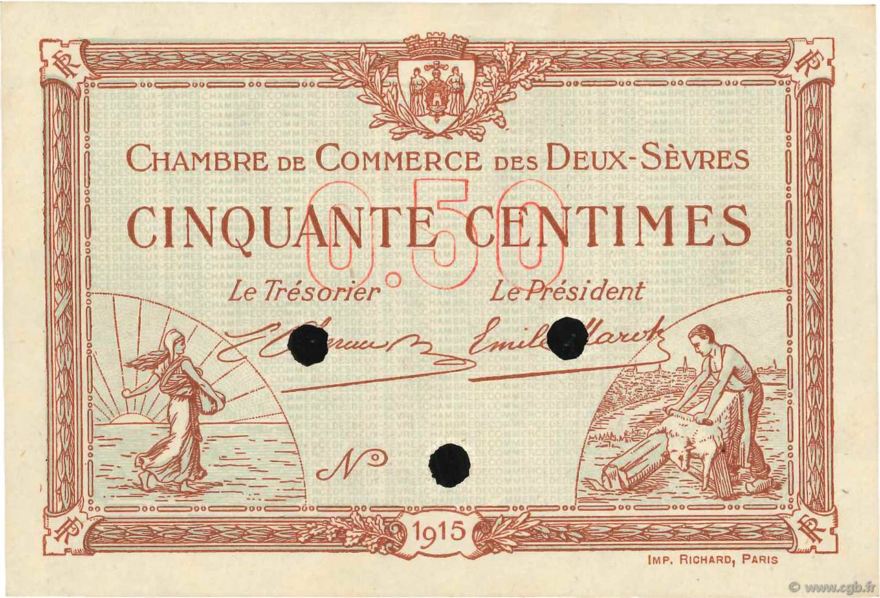 50 Centimes Spécimen FRANCE regionalismo e varie Niort 1915 JP.093.02 q.SPL