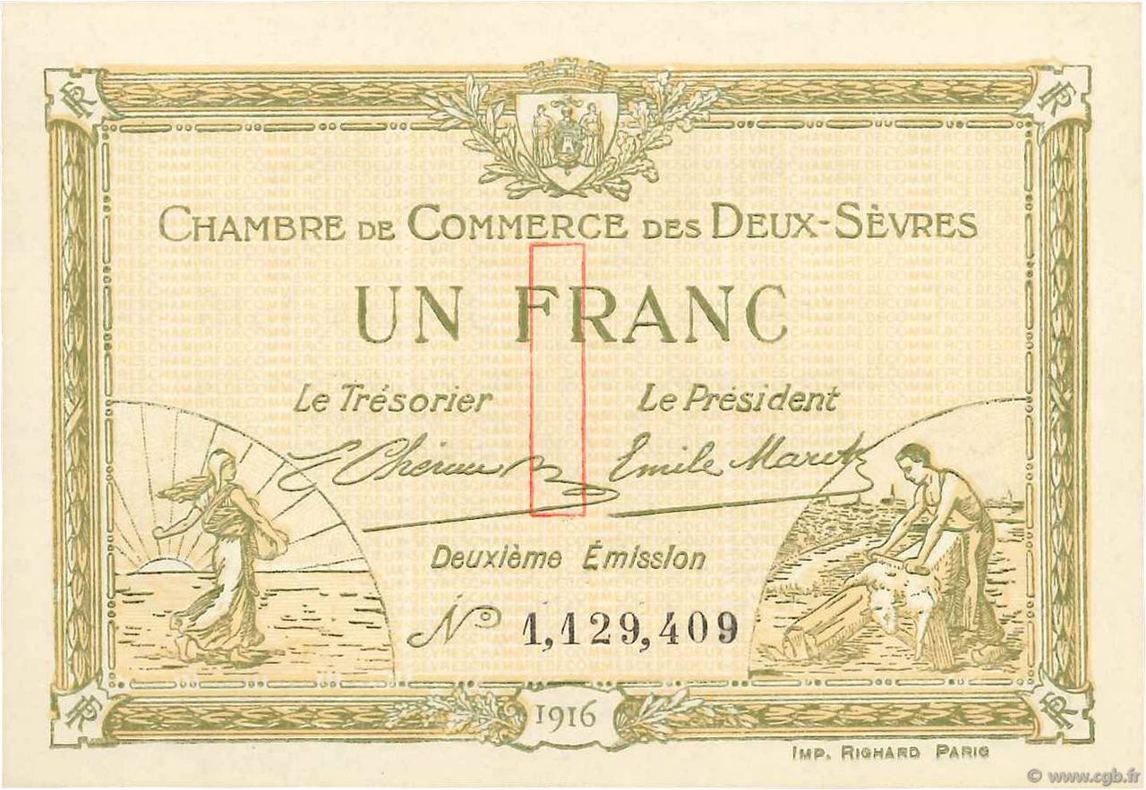 1 Franc FRANCE regionalism and miscellaneous Niort 1916 JP.093.08 UNC-