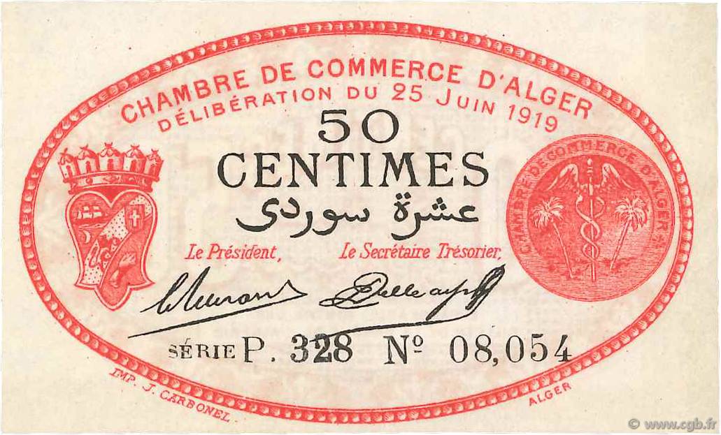 50 Centimes FRANCE régionalisme et divers Alger 1919 JP.137.11 SPL