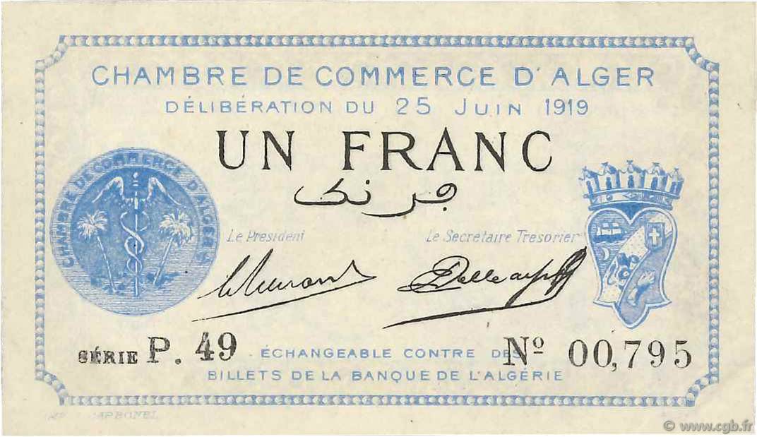 1 Franc FRANCE régionalisme et divers Alger 1919 JP.137.12 SUP