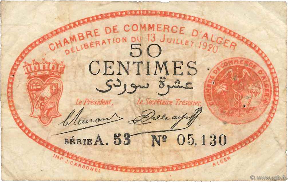 50 Centimes FRANCE régionalisme et divers Alger 1920 JP.137.16 pr.TB