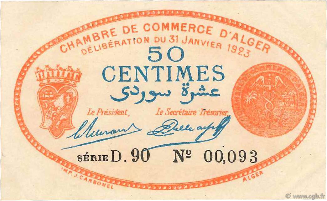 50 Centimes FRANCE régionalisme et divers Alger 1923 JP.137.25 SUP+