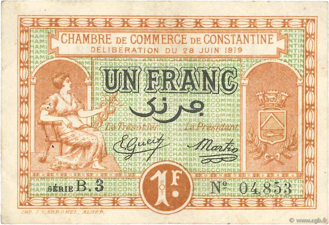 1 Franc FRANCE regionalism and miscellaneous Constantine 1919 JP.140.20 VF-