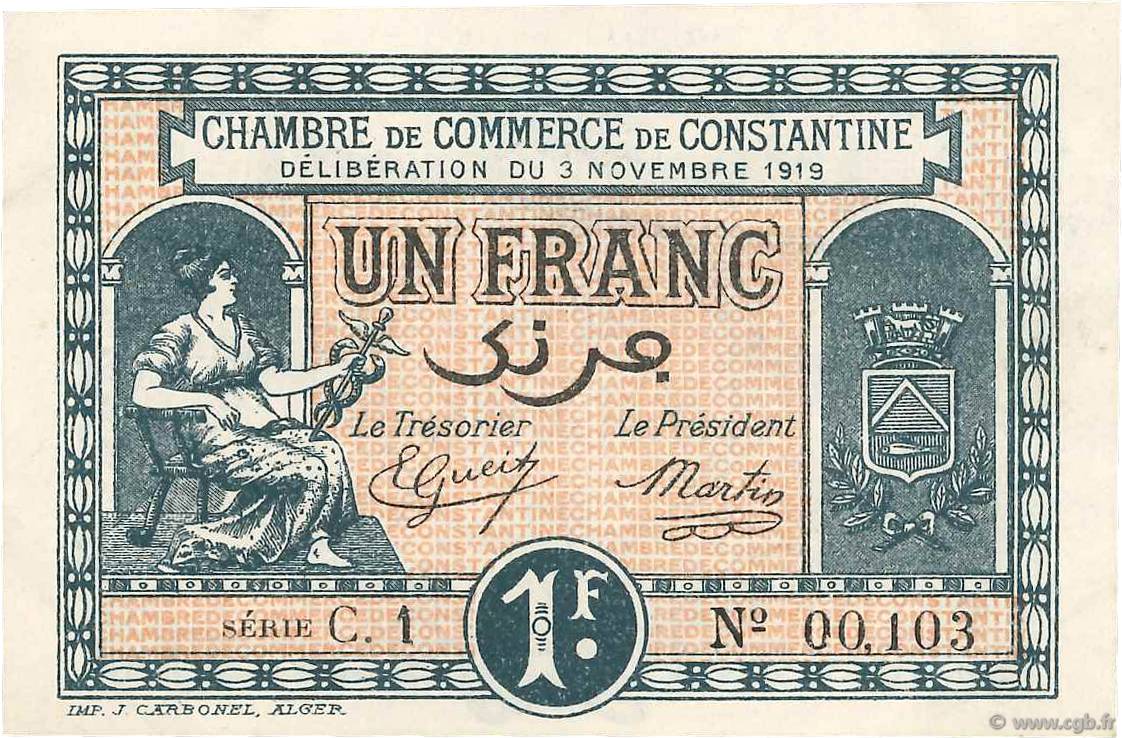 1 Franc FRANCE regionalism and miscellaneous Constantine 1919 JP.140.22 XF+