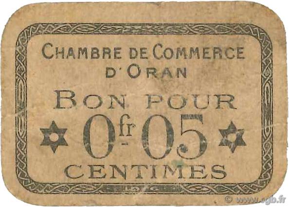 5 Centimes FRANCE regionalism and miscellaneous Oran 1916 JP.141.50 F