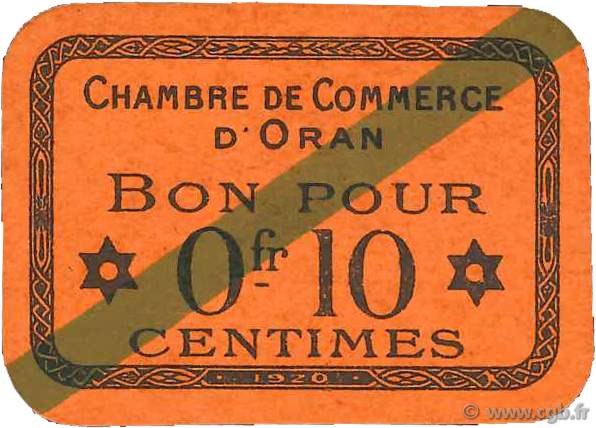 10 Centimes FRANCE régionalisme et divers Oran 1920 JP.141.57 NEUF