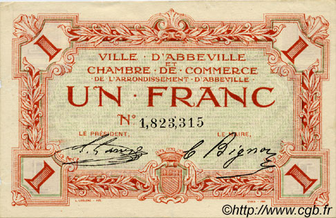 1 Franc FRANCE régionalisme et divers Abbeville 1920 JP.001.09 TTB à SUP