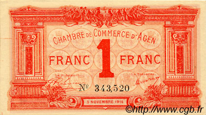1 Franc FRANCE régionalisme et divers Agen 1914 JP.002.03 TTB à SUP