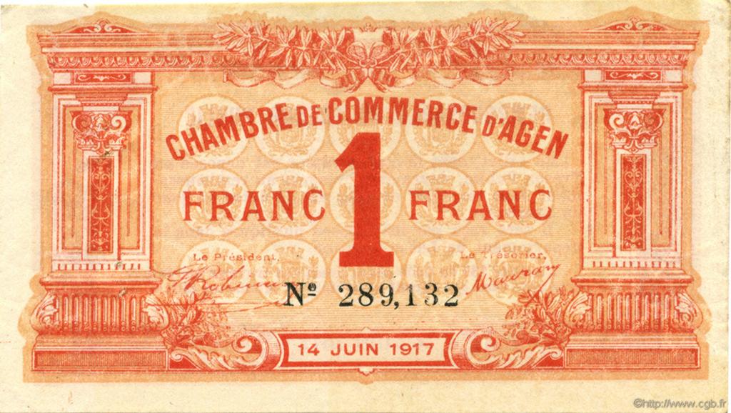 1 Franc FRANCE régionalisme et divers Agen 1917 JP.002.14 TTB à SUP