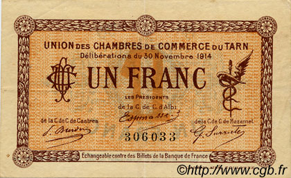 1 Franc FRANCE régionalisme et divers Albi - Castres - Mazamet 1914 JP.005.05 TTB à SUP