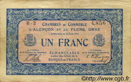 1 Franc FRANCE régionalisme et divers Alencon et Flers 1915 JP.006.06 TTB à SUP