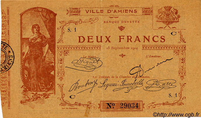 2 Francs FRANCE régionalisme et divers Amiens 1914 JP.007.03 TTB à SUP