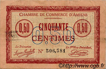 50 Centimes FRANCE régionalisme et divers Amiens 1915 JP.007.05 TTB à SUP