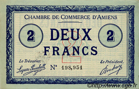 2 Francs FRANCE régionalisme et divers Amiens 1915 JP.007.18 TTB à SUP