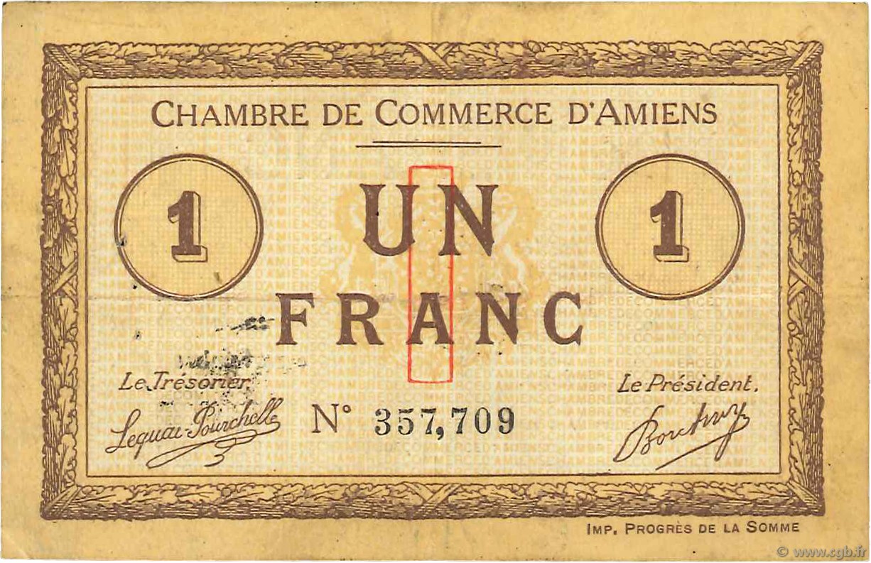 1 Franc FRANCE régionalisme et divers Amiens 1915 JP.007.24 TB