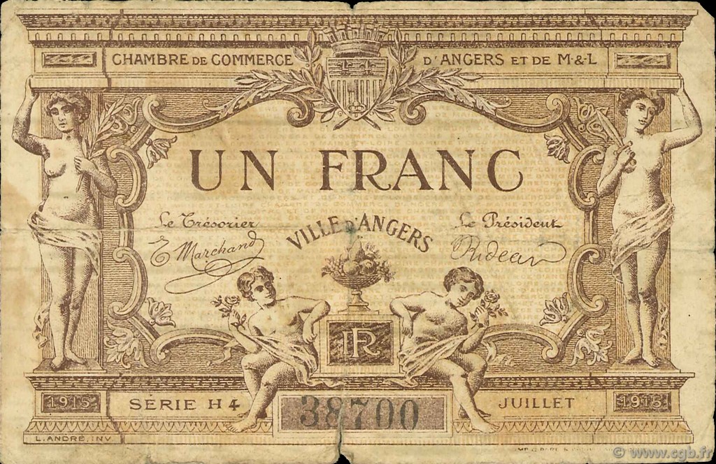 1 Franc FRANCE régionalisme et divers Angers  1915 JP.008.12 TB