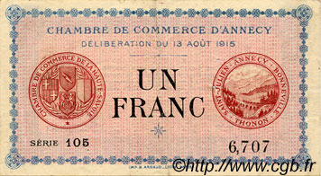 1 Franc FRANCE régionalisme et divers Annecy 1915 JP.010.01 TTB à SUP