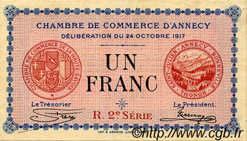 1 Franc FRANCE régionalisme et divers Annecy 1917 JP.010.12 TTB à SUP