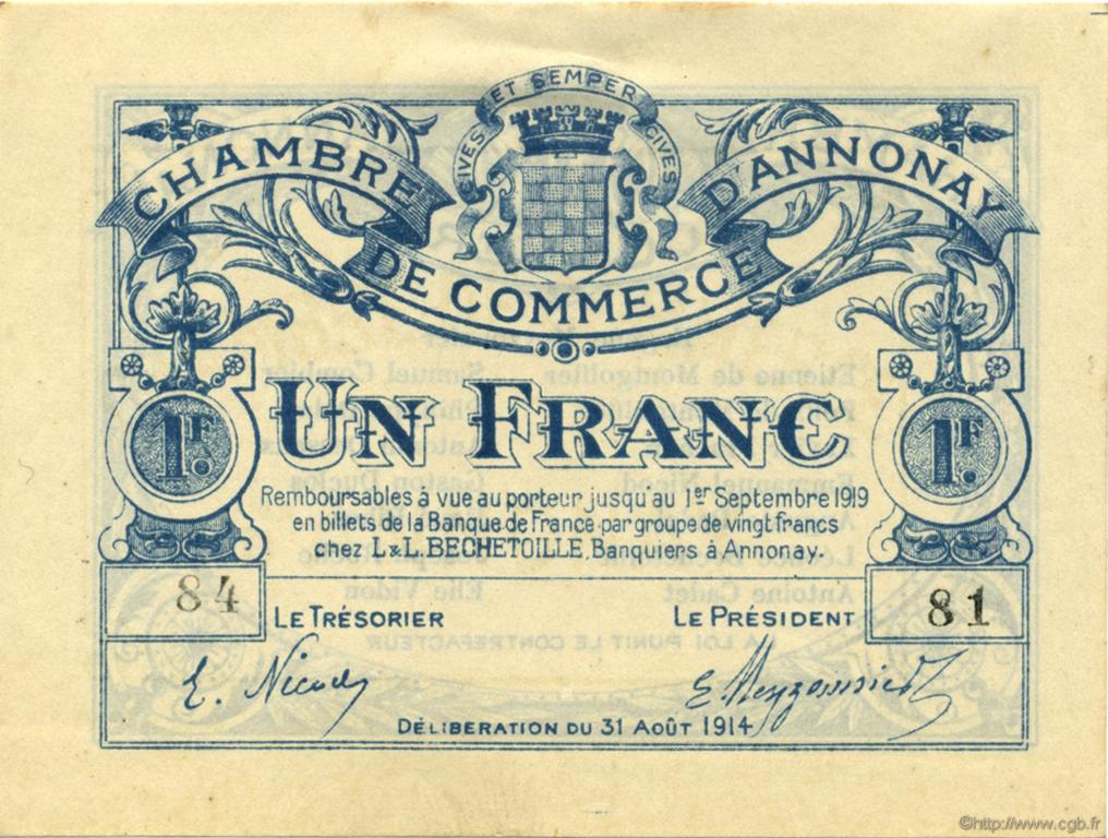 1 Franc FRANCE régionalisme et divers Annonay 1914 JP.011.08 TTB à SUP