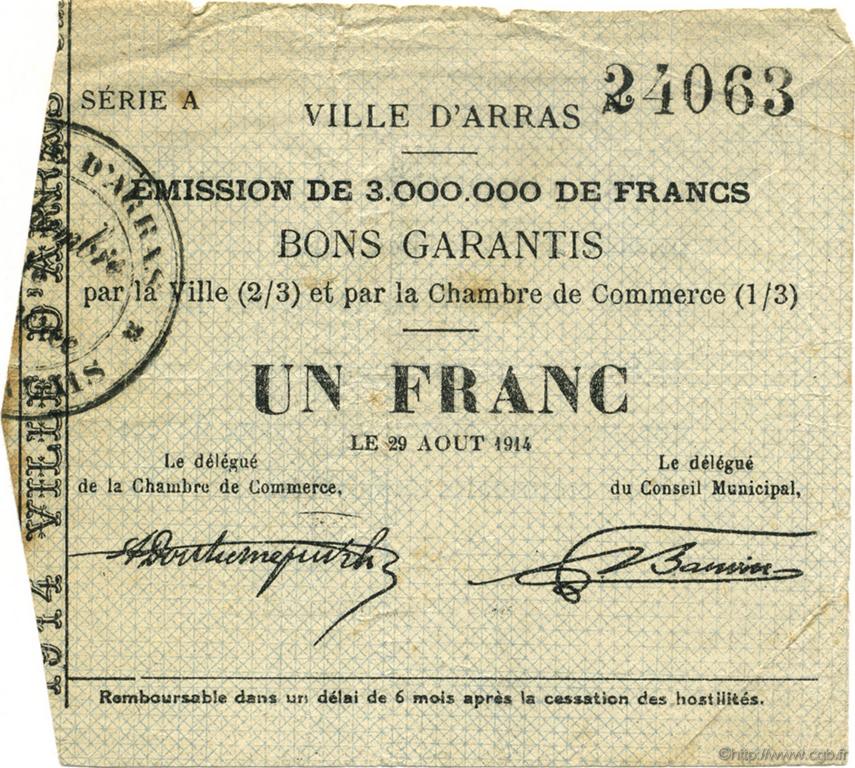 1 Franc FRANCE régionalisme et divers Arras 1914 JP.013.01 TB