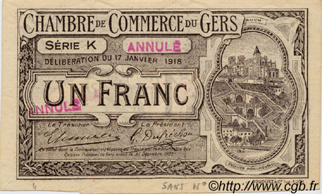 1 Franc Annulé FRANCE régionalisme et divers Auch 1918 JP.015.15 SPL à NEUF