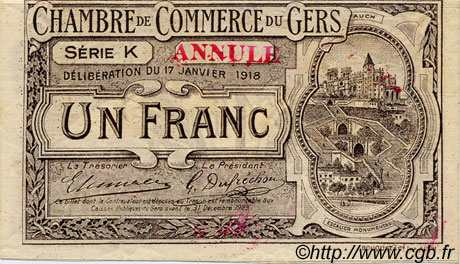 1 Franc Annulé FRANCE régionalisme et divers Auch 1918 JP.015.15 TTB à SUP
