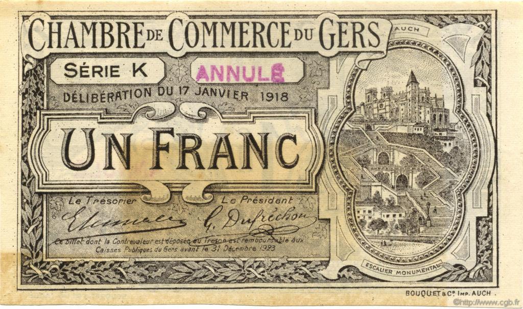 1 Franc Annulé FRANCE régionalisme et divers Auch 1918 JP.015.16 TTB à SUP