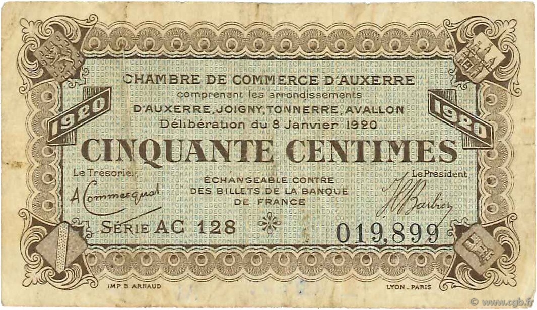 50 Centimes FRANCE régionalisme et divers Auxerre 1920 JP.017.20 TB