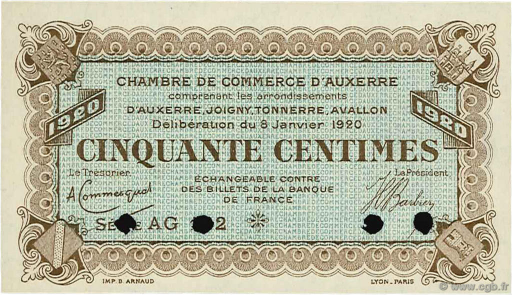 50 Centimes Annulé FRANCE régionalisme et divers Auxerre 1920 JP.017.21 SPL à NEUF