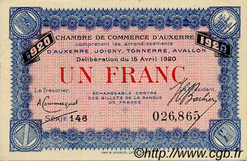 1 Franc FRANCE régionalisme et divers Auxerre 1920 JP.017.22 SPL à NEUF