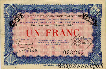 1 Franc FRANCE régionalisme et divers Auxerre 1920 JP.017.22 TTB à SUP