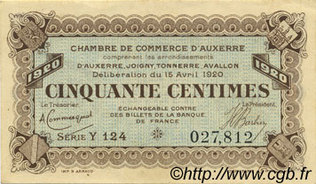 50 Centimes FRANCE régionalisme et divers Auxerre 1920 JP.017.24 TTB à SUP