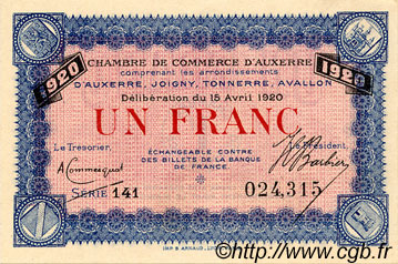 1 Franc FRANCE régionalisme et divers Auxerre 1920 JP.017.26 SPL à NEUF
