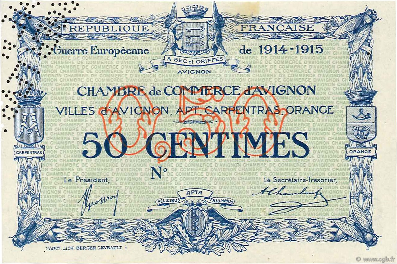 50 Centimes Spécimen FRANCE régionalisme et divers Avignon 1915 JP.018.02 SPL à NEUF
