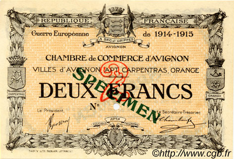 2 Francs Spécimen FRANCE régionalisme et divers Avignon 1915 JP.018.09 SPL à NEUF