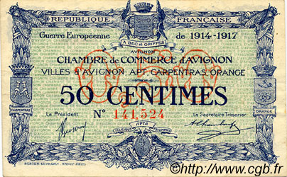 50 Centimes FRANCE régionalisme et divers Avignon 1915 JP.018.13 TTB à SUP