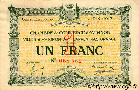 1 Franc FRANCE régionalisme et divers Avignon 1915 JP.018.17 TTB à SUP