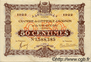 50 Centimes FRANCE régionalisme et divers Avignon 1922 JP.018.26 TTB à SUP