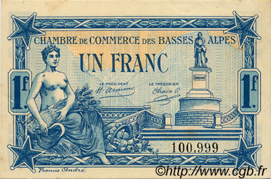 1 Franc FRANCE régionalisme et divers Basses-Alpes 1917 JP.020.02 TTB à SUP